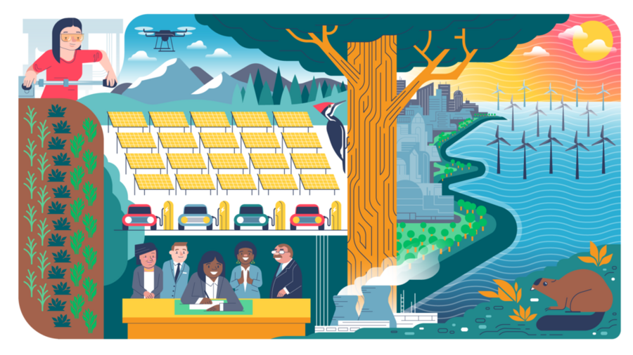 Illustration featuring an engineer, a diverse group of decisionmakers, a woodpecker in a tree, solar panels, farm lands, offshore wind turbines, nuclear reactors, and more.