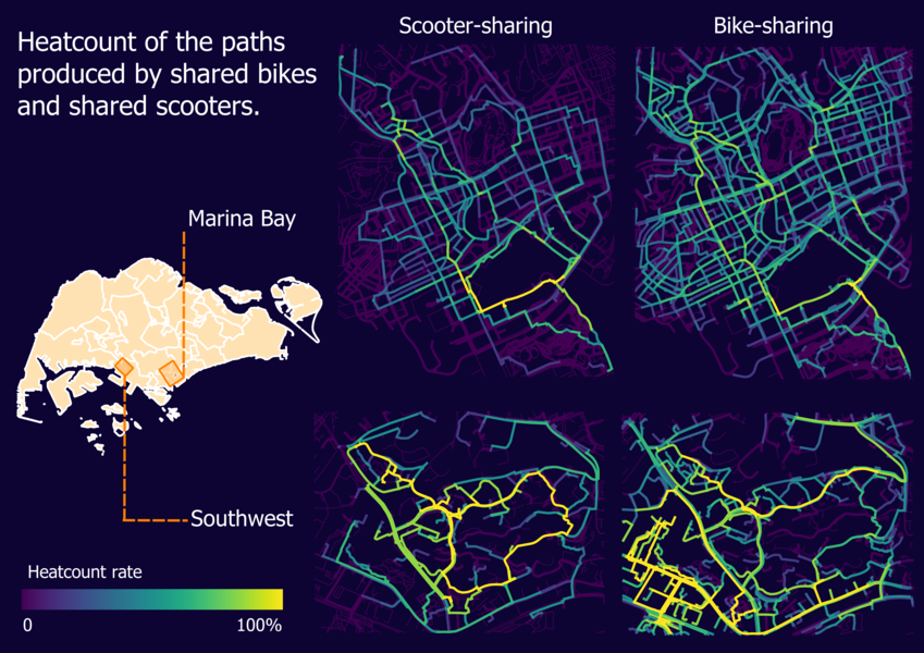 Map comparing usage of shared scooters and shared bikes in Singapore