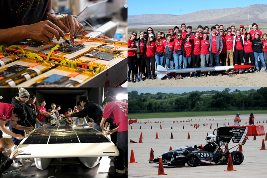 Four photos showing battery work, students with their rocket in the desert, students with an electric car, and students with a solar car