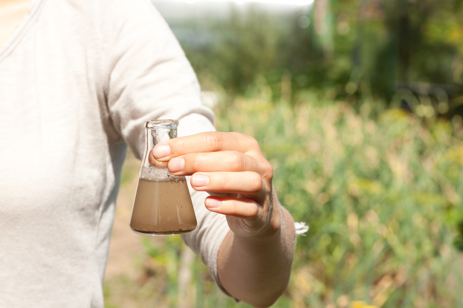 A scientist standing in a field of grass holds a flask filled with a brownish liquid.