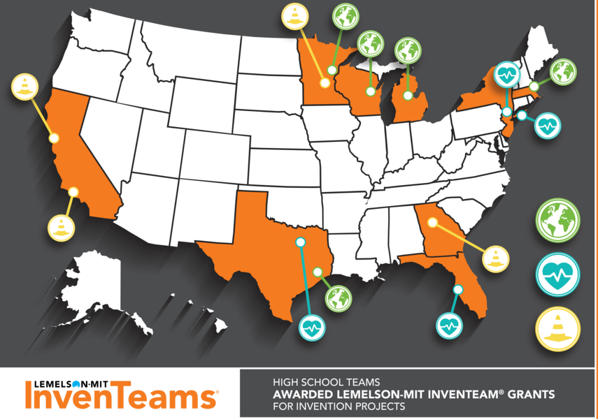 A map of the United States locating 2020-21 winners of Lemelson-MIT InvenTeams grants