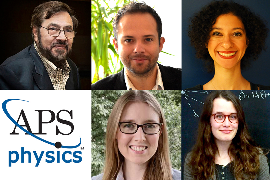 Portrait photos of five APS award winners and APS logo