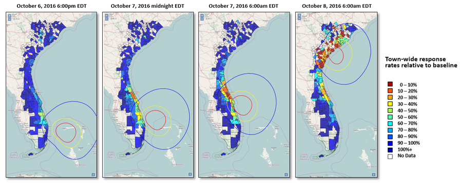 Four maps showing locations of power outages in Florida after Hurricane Matthew