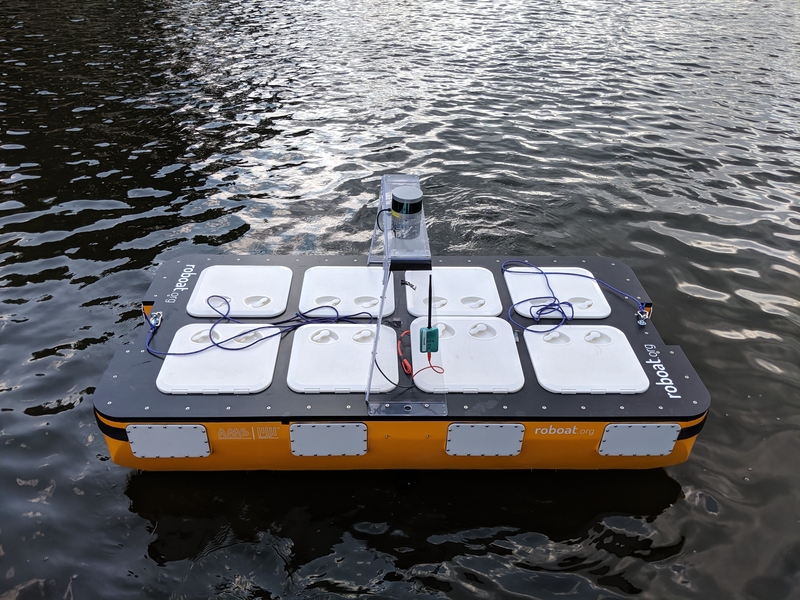 Close-up photo of the MIT autonomous boat Roboat II