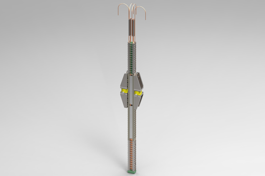 Thin, vertical metal assembly featuring long gray metal casings and four curved copper rods