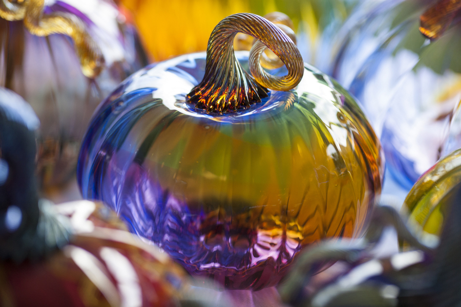 Photo of a purple, pink, and orange glass pumpkin surrounded by other glass pumpkins