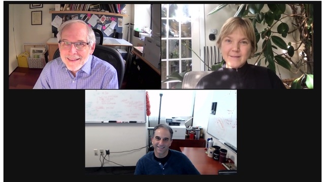 Zoom screenshot of Roger Kamm, Linda Griffith, and Ron Weiss