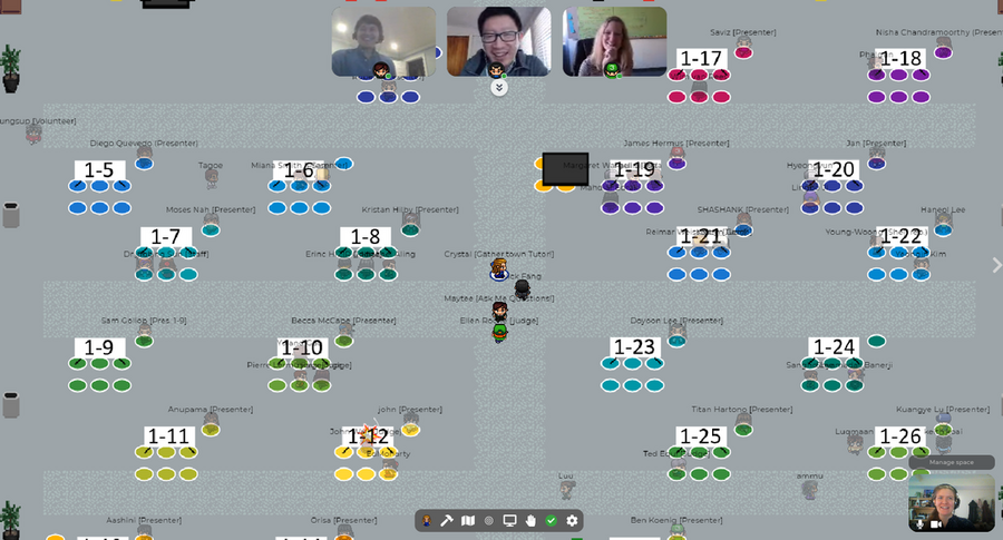 Screenshot of Gather.town virtual poster session room. Four people speak on video chat.