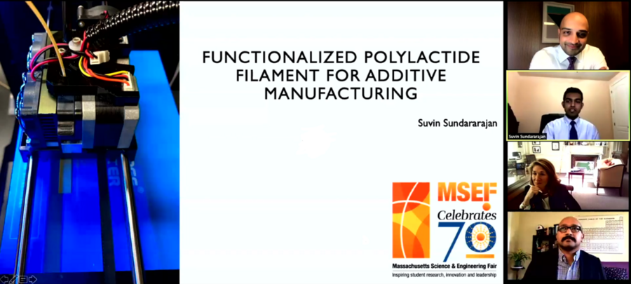 Screen capture of Zoom session with student presenting research to panelists