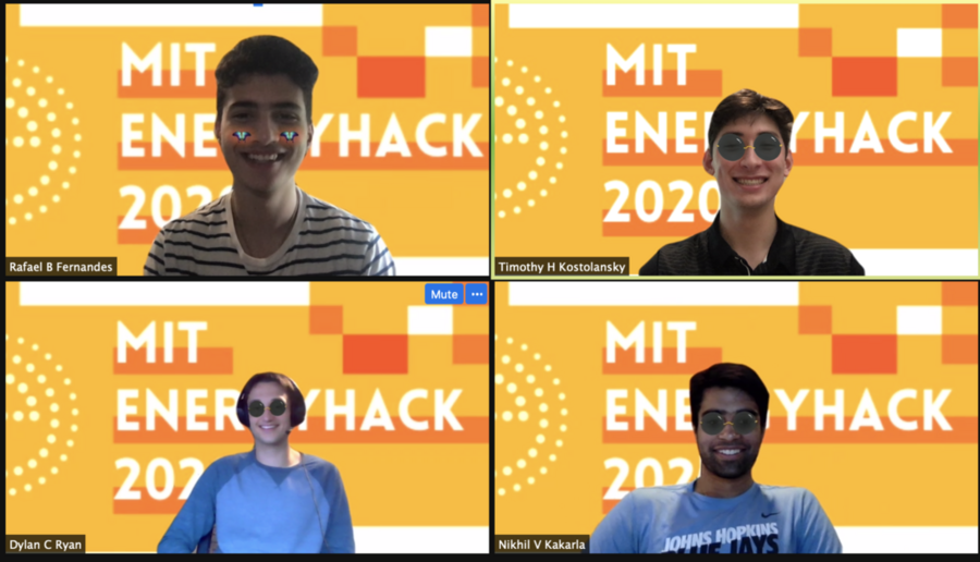 Screenshot of four individuals in Zoom with orange MIT Energyhack logo in the background