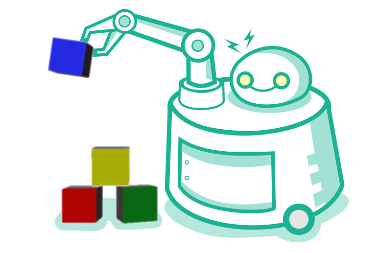 Illustration of a robot with a single arm holding a blue block above a pile of other-colored blocks