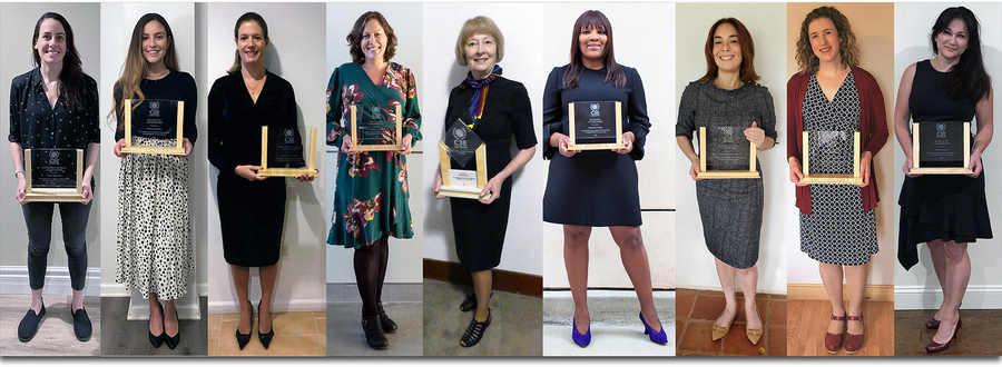 Nine side-by-side photos of women holding 2020 U.S. C3E Award plaques