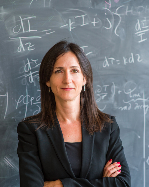 Photo of Sara Seager in front of a chalkboard covered in equations