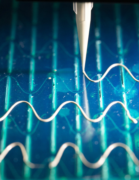 3D printer prints white ink on blue surface