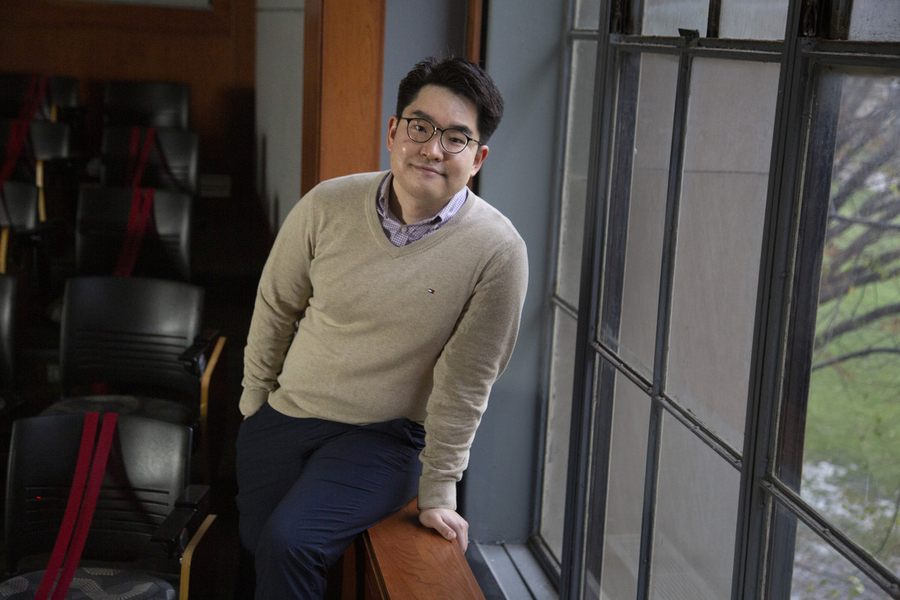 Hyunwoo Yuk near a window on MIT's campus