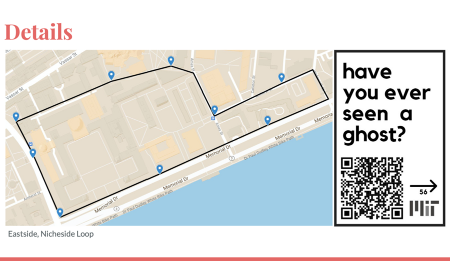 Map of MIT campus with a line denoting a route and a QR code under the words "Have you ever seen a ghost?"