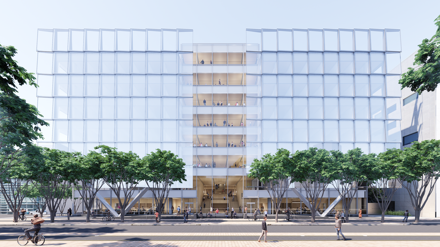 Architectural rendering of the south facing side of the MIT Schwarzman College of Computing building