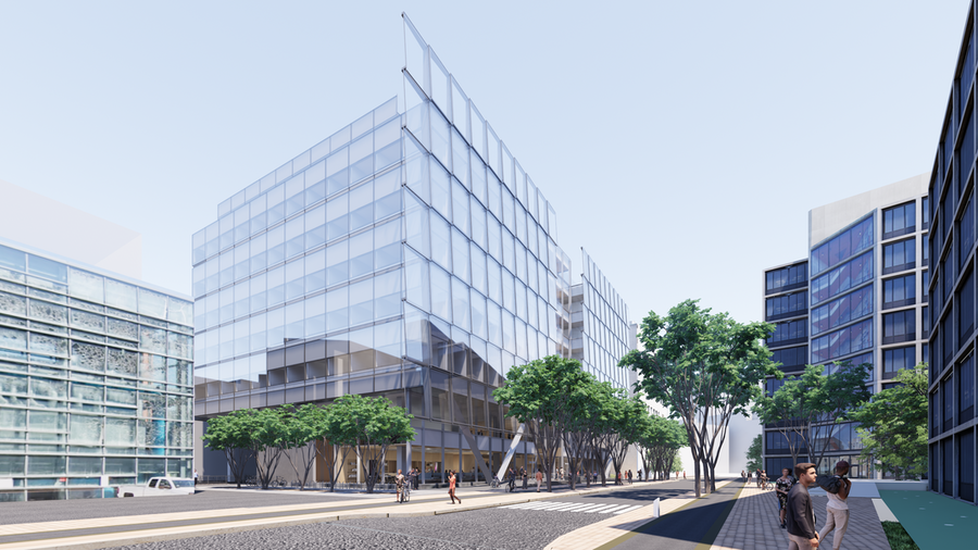 Architectural rendering of the west approach view of the MIT Schwarzman College of Computing building