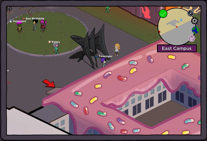 Video game rendition of MIT's McDermott Court with a building covered in icing and rainbow sprinkles
