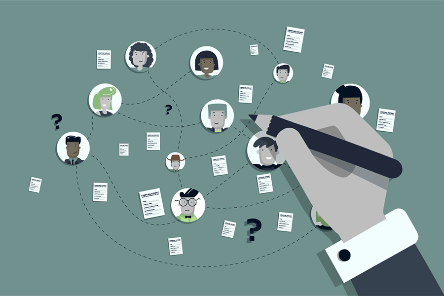 Illustration of about a dozen faces, about a dozen pieces of paper (representing proposed laws) and a large hand drawing dotted lines between two faces