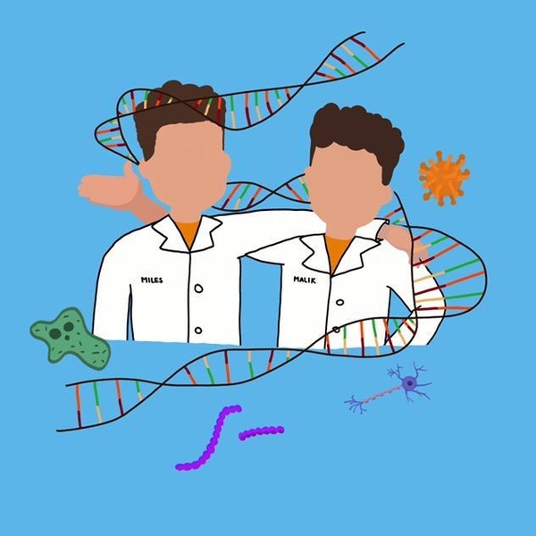 Cartoon illustration of faceless brothers Malik and Miles George in lab coats surrounded by floating DNA