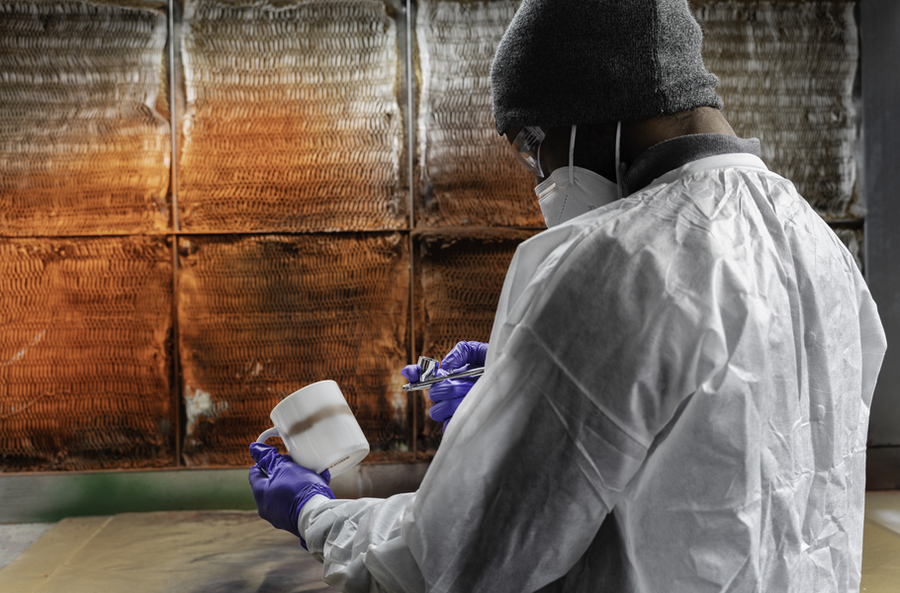 Photo of a masked student wearing protective gear spraying a thin layer of conductive ink onto a white mug
