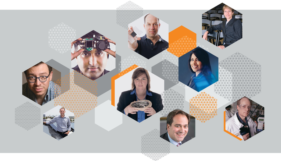 Illustration showing photos of nine people arranged in a honeycomb format