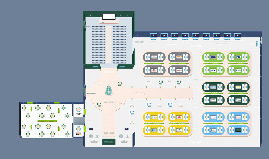 Gathertown map for MARC 2021. It looks like a map of a conference center with an auditorium, game room, computer terminals, and vendor booths