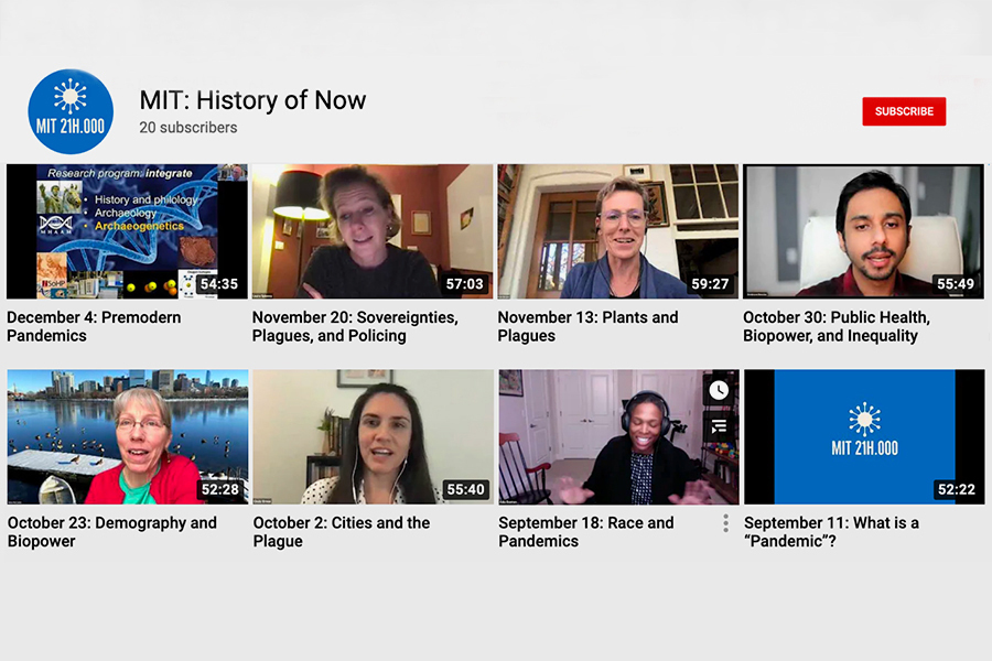 YouTube screengrab from the landing page of "The History of Now" course. There are eight videos featured, most showing faces of speakers for the course.