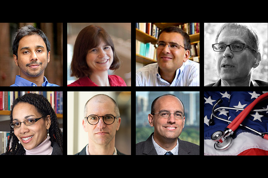 Headshots of seven MIT professors, plus one square with a stethoscope on a US flag