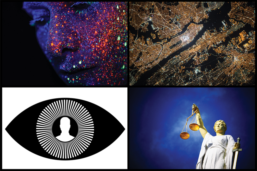 Four stock images arranged in a rectangle: a photo of a person with glow-in-the-dark paint splattered on her face, an aerial photo of New York City at night, photo of a statue of a blind woman holding up scales and a sword, and an illustrated eye with a human silhouette in the pupil