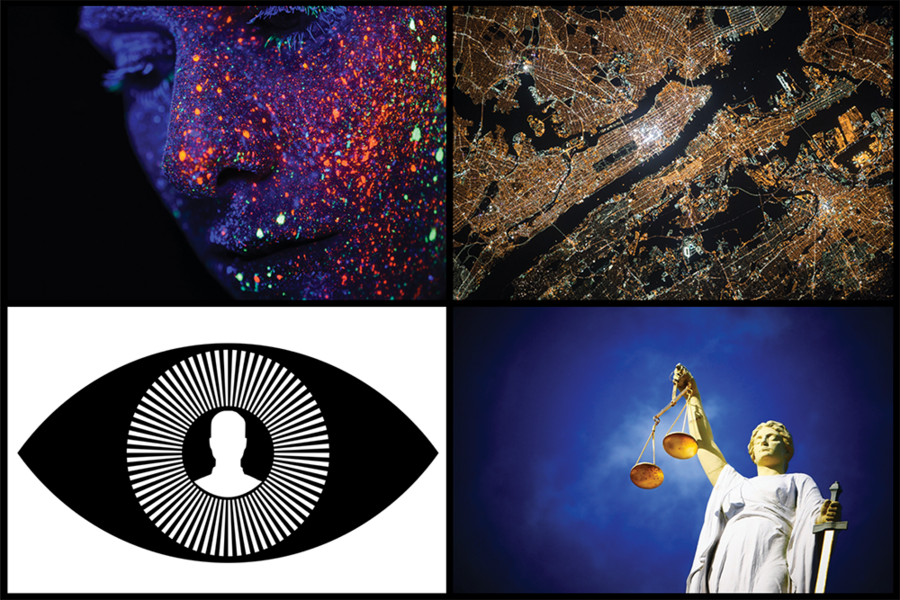 computer ethics presentation topics Four stock images arranged in a rectangle: a photo of a person with glow-in-the-dark paint splattered on her face, an aerial photo of New York City at night, photo of a statue of a blind woman holding up scales and a sword, and an illustrated eye with a human silhouette in the pupil