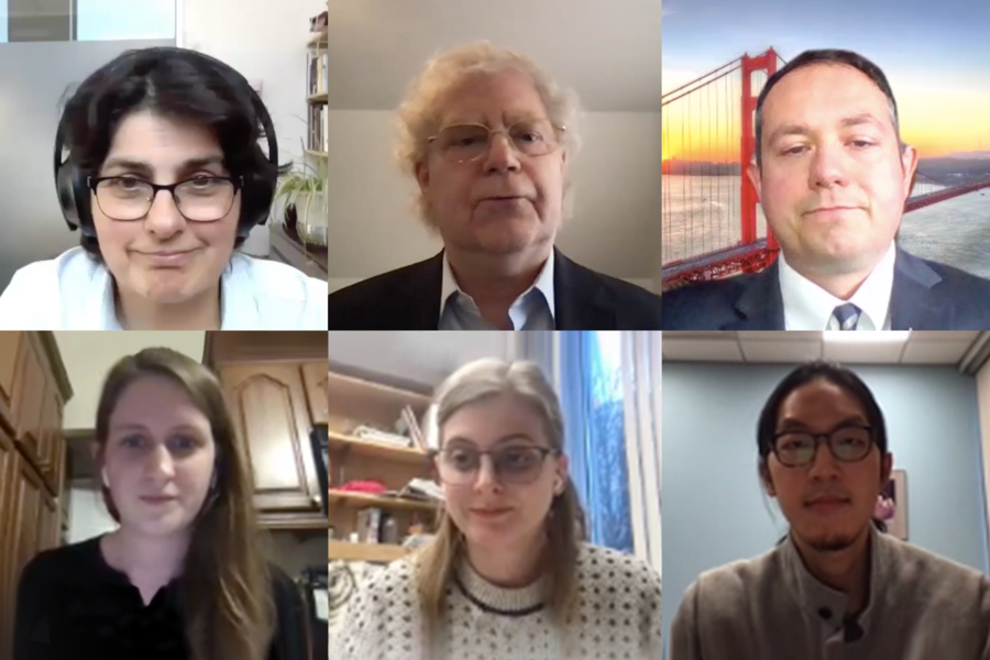 Six screenshots of individuals on a Zoom call, arranged in a 3x2 grid.