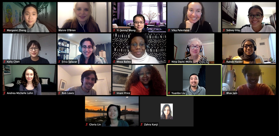 Screenshot from a Zoom session showing 17 smiling people in a variety of settings
