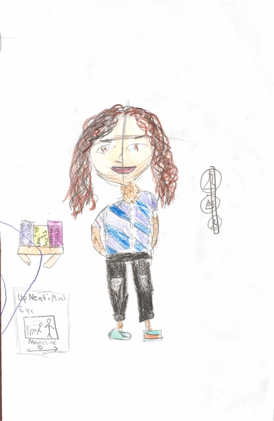 A hand-drawn image of a young woman with curly brown hair, standing next to a stack of thick textbooks