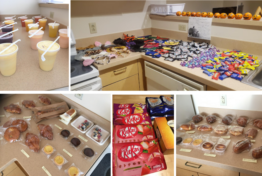 Collage of five photos of tables with snacks, smoothies, KitKats, pastries, and bubble tea.