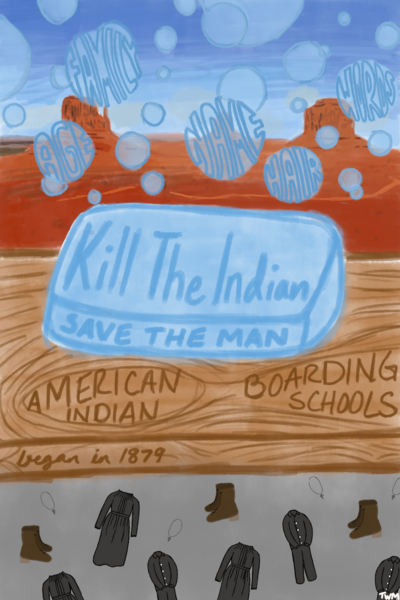 Illustration of a bar of soap engraved with “Kill the Indian, save the man” and the words "American Indian Boarding Schools" underneath. The soap is "washing away" words including "hair", "name", and "language.”