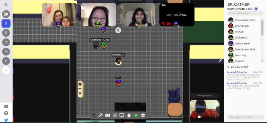Screenshot of virtual gather.town replication of Sidney Pacific's first floor with residents pictured in video boxes.