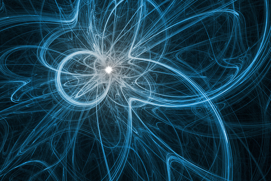Illustration of a neutrino, represented as a nucleus with looping blue lines on a black field.