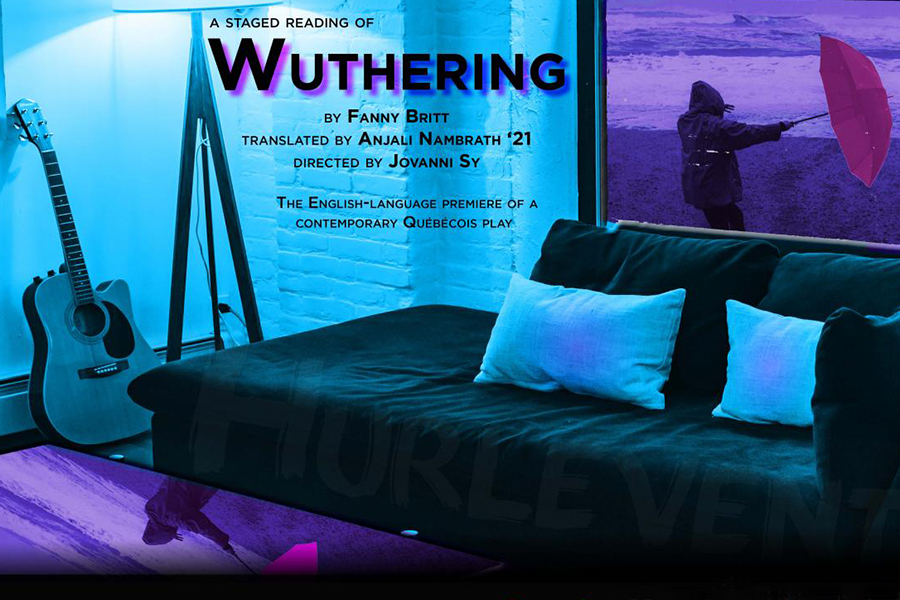 Poster for the play "Wuthering” portrays a black couch next to a window in which we see a person in a raincoat holding an umbrella akimbo