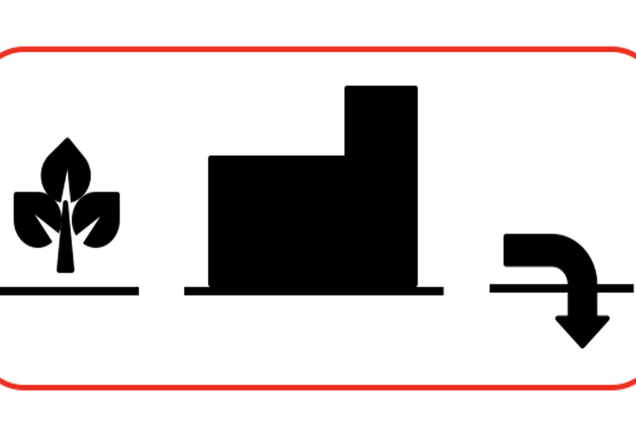 A very simple illustration of a stylized tree, a building, and an arrow pointing underground