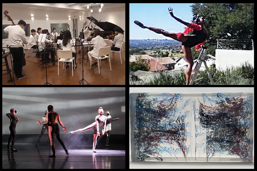 Four photos of works of art inspired by Markus Buehler's Covid music