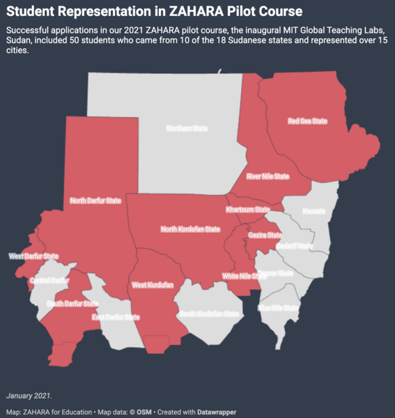 Map of Sudan highlighting where students taught