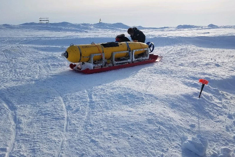Underwater vehicle on a sled on the Arctic ice
