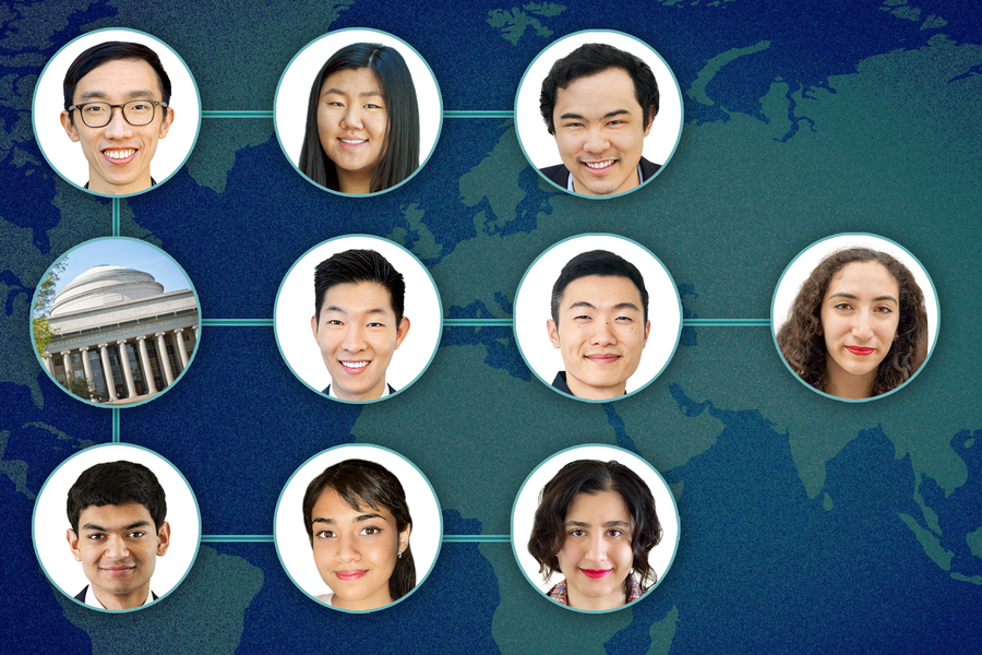 Photos of nine people in circles, as well as a photo of MIT campus in a circle, all of which are superimposed on a world map centered on Africa/Europe/Asia