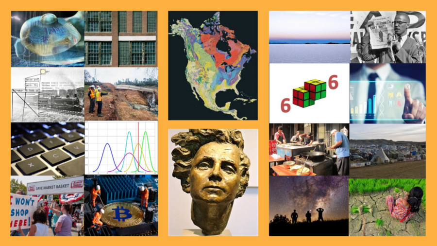 Collage of photos representing courses offered by MIT OpenCourseWare: map of the U.S., bust of Rachel Carson, photo of Malcolm X, two connected Rubick's cubes, a generic line graph, a photo of people looking at a starry sky, an image with a Bitcoin symbol, etc. 