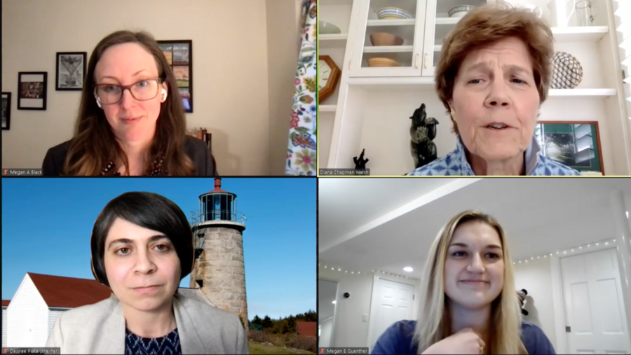 Screenshot of Megan Black, Diana Chapman Walsh, Megan Guenther and Desiree Plata in a Zoom session