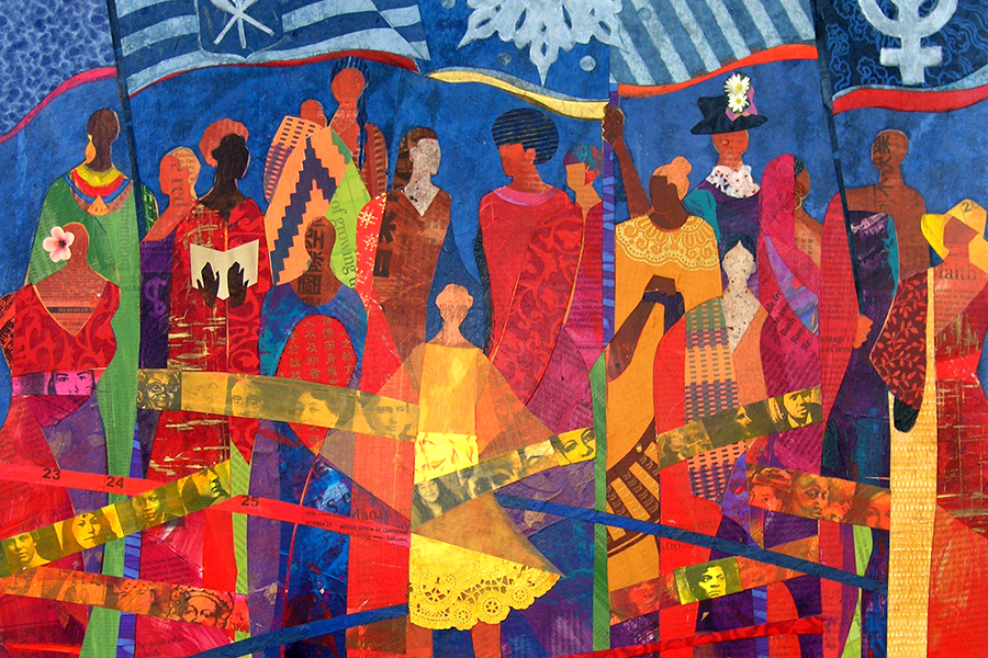 A colorful collage of paper silhouettes of various women throughout history