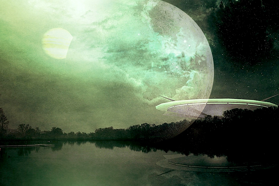 Drawing of a saucer-shaped spaceship over a lake, with a full moon superimposed