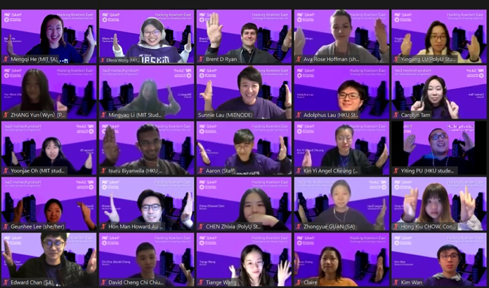Zoom screenshot of 25 students during icebreaking activities. They all appear before identical purple backgrounds.